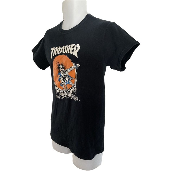 Thrasher Magazine Pushead SKATE OUTLAW LOGO Skateboard T Shirt Size S BLACK EUC - Picture 3 of 10